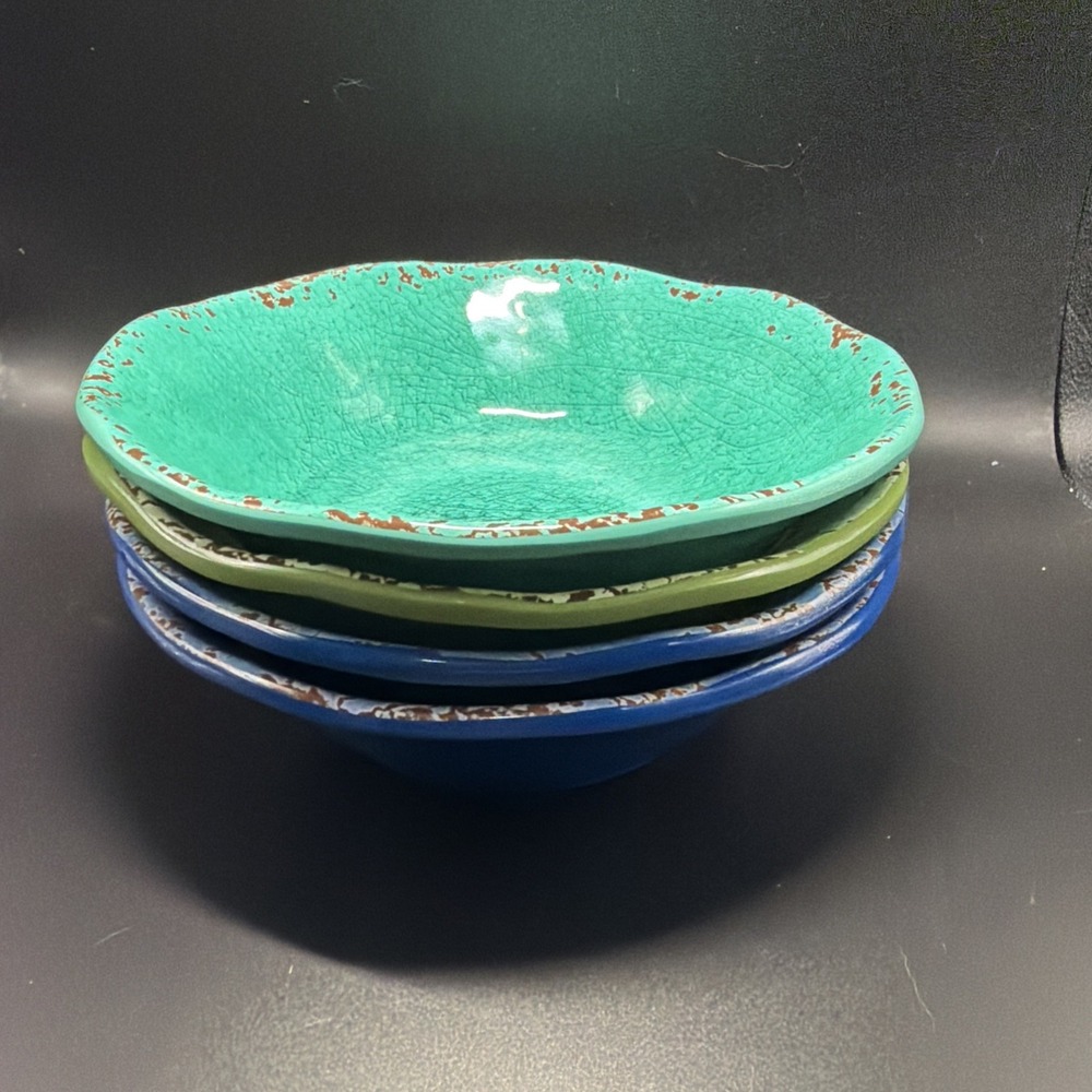 Pier 1 Carmelo Crackle Melamine Bowls Lot Of 4 Party Multicolor Cereal Salad Set